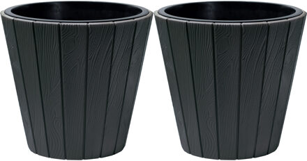 Prosperplast Plantenpot/bloempot Wood Style - 2x - buiten/binnen - kunststof - antraciet - D35 x H32 cm - Plantenpotten Grijs