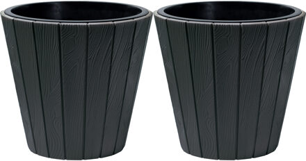 Prosperplast Plantenpot/bloempot Wood Style - 2x - buiten/binnen - kunststof - antraciet - D49 x H45 cm