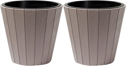 Prosperplast Plantenpot/bloempot Wood Style - 2x - buiten/binnen - kunststof - beige - D30 x H28 cm