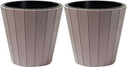 Prosperplast Plantenpot/bloempot Wood Style - 2x - buiten/binnen - kunststof - beige - D49 x H45 cm - Plantenpotten