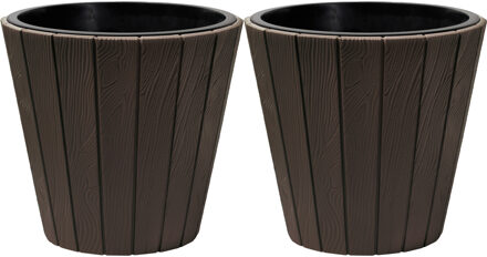 Prosperplast Plantenpot/bloempot Wood Style - 2x - buiten/binnen - kunststof - donkerbruin - D30 x H28 cm - Plantenpotte