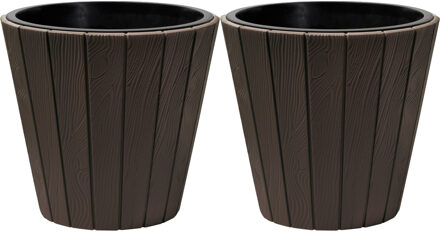 Prosperplast Plantenpot/bloempot Wood Style - 2x - buiten/binnen - kunststof - donkerbruin - D40 x H37 cm