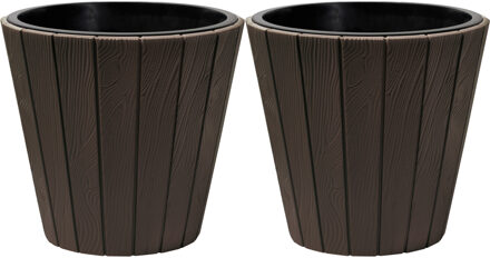 Prosperplast Plantenpot/bloempot Wood Style - 2x - buiten/binnen - kunststof - donkerbruin - D49 x H45 cm - Plantenpotte