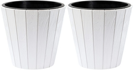 Prosperplast Plantenpot/bloempot Wood Style - 2x - buiten/binnen - kunststof - wit - D30 x H28 cm - Plantenpotten