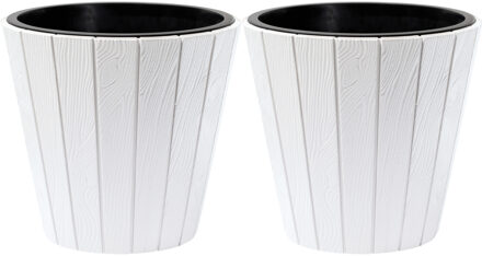 Prosperplast Plantenpot/bloempot Wood Style - 2x - buiten/binnen - kunststof - wit - D35 x H32 cm - Plantenpotten