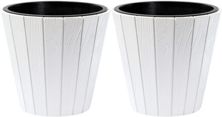 Prosperplast Plantenpot/bloempot Wood Style - 2x - buiten/binnen - kunststof - wit - D49 x H45 cm - Plantenpotten