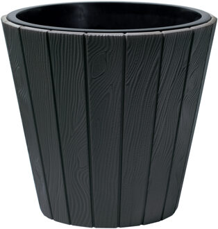 Prosperplast Plantenpot/bloempot Wood Style - buiten/binnen - kunststof - antraciet - D30 x H28 cm - Plantenpotten Grijs