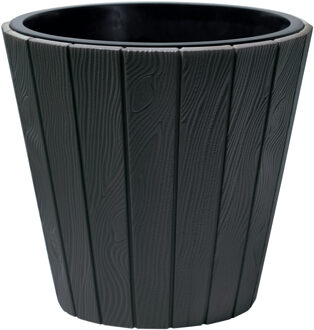 Prosperplast Plantenpot/bloempot Wood Style - buiten/binnen - kunststof - antraciet - D35 x H32 cm - Plantenpotten Grijs