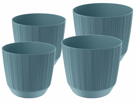 Prosperplast plantenpotten/bloempotten Carf Stripe - blauw - 4x stuks - kunststof - Dia 13 en 17 cm