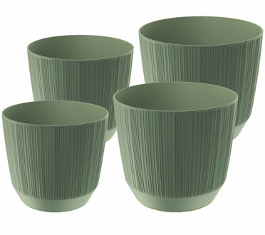 Prosperplast plantenpotten/bloempotten Carf Stripe - groen - 4x stuks - kunststof - Dia 13 en 17 cm - Plantenpotten