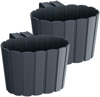 Prosperplast Set van 2x stuks kunststof balkon plantenpotten/bloempotten met haak antraciet antraciet grijs 19 cm - Plantenbakken