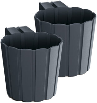 Prosperplast Set van 2x stuks kunststof balkon plantenpotten/bloempotten met haak antraciet grijs 14 cm - Plantenbakken