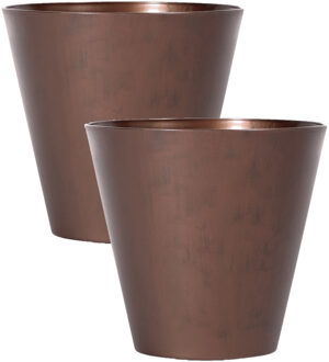 Prosperplast Set van 2x stuks kunststof bloempotten/plantenpotten 20 cm cortenstaal look/brons - Plantenpotten Bruin