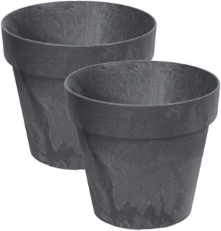 Prosperplast Set van 2x stuks kunststof bloempotten/plantenpotten betonlook 14 cm antraciet grijs - Plantenpotten