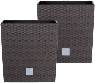 Prosperplast Set van 2x stuks kunststof Rato rotan bloempotten/plantenpotten met binnenpot bruin 20 cm