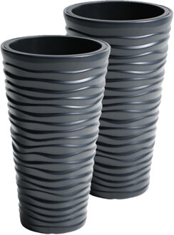 Prosperplast Set van 2x stuks kunststof Sand bloempot/plantenpot met binnenpot antraciet 30 x 52 cm - Plantenpotten Grijs