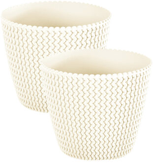 Prosperplast Set van 2x stuks plantenpotten/bloempotten kunststof dia 13 cm en hoogte 11 cm creme wit - Plantenpotten Crème