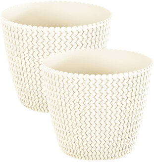 Prosperplast Set van 2x stuks plantenpotten/bloempotten kunststof dia 13 cm en hoogte 11 cm creme wit
