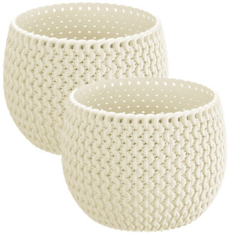 Prosperplast Set van 2x stuks plantenpotten/bloempotten kunststof dia 14.5 cm en hoogte 11 cm creme wit - Plantenpotten Crème