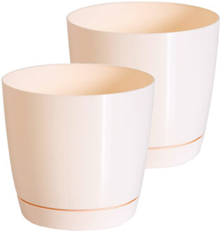 Prosperplast Set van 2x stuks plantenpotten/bloempotten kunststof glanzend creme/beige dia 21 x hoogte 19 cm - Plantenpotten