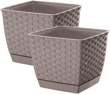 Prosperplast Set van 2x stuks plantenpotten/bloempotten rotan kunststof 14.5 x 14.5 cm en hoogte 12.5 cm taupe/be - Plantenpotten