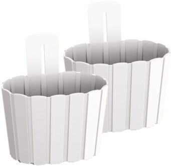 Prosperplast Set van 2x stuks wood-look muur plantenpot/bloempot kunststof dia 20 cm/hoogte 15 cm parel wit - Plantenpotten