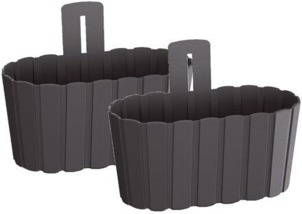 Prosperplast Set van 2x stuks wood-look muur plantenpot/bloempot kunststof dia 27 cm/hoogte 15 cm antraciet