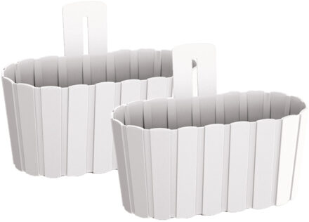 Prosperplast Set van 2x stuks wood-look muur plantenpot/bloempot kunststof dia 27 cm/hoogte 15 cm parel wit - Plantenpotten