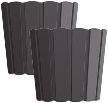 Prosperplast Set van 2x stuks wood-look plantenpot/bloempot kunststof dia 12 cm/hoogte 11 cm antraciet - Plantenpotten Grijs