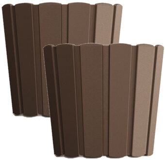 Prosperplast Set van 2x stuks wood-look plantenpot/bloempot kunststof dia 12 cm/hoogte 11 cm houtbruin - Plantenpotten