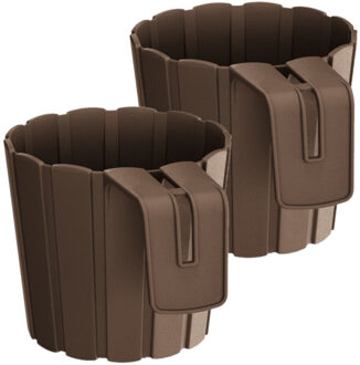 Prosperplast Set van 3x stuks kunststof balkon plantenpotten/bloempotten met haak bruin 14 cm
