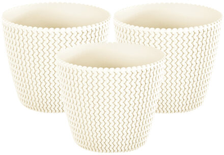 Prosperplast Set van 3x stuks plantenpotten/bloempotten kunststof dia 13 cm en hoogte 11 cm creme wit