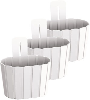 Prosperplast Set van 3x stuks wood-look muur plantenpot/bloempot kunststof dia 20 cm/hoogte 15 cm parel wit