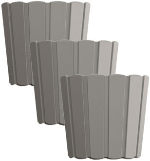 Prosperplast Set van 3x stuks wood-look plantenpot/bloempot kunststof dia 14.5 cm/hoogte 13 cm steengrijs