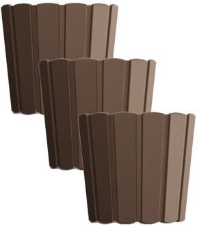 Prosperplast Set van 3x stuks wood-look plantenpot/bloempot kunststof dia 16.5 cm/hoogte 15 cm houtbruin