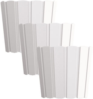 Prosperplast Set van 3x stuks wood-look plantenpot/bloempot kunststof dia 16.5 cm/hoogte 15 cm parel wit