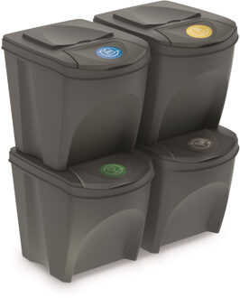 Prosperplast Set van 4x kunststof afvalscheidingsbakken grijs van 25 liter - Prullenmanden
