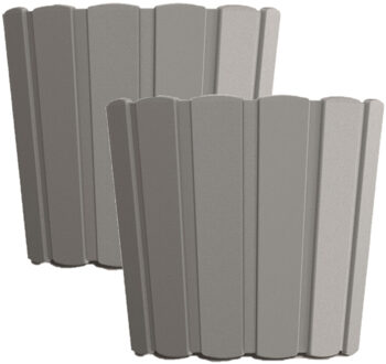 Prosperplast Set van 4x stuks wood-look plantenpot/bloempot kunststof dia 16.5 cm/hoogte 15 cm steengrijs