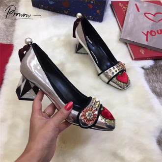 Prowow New Fashion Style Spring Summer Women Pumps Square Toe Slip On Crystal Chunky Middle Heel Ladies Pumps Party Shoes Woman