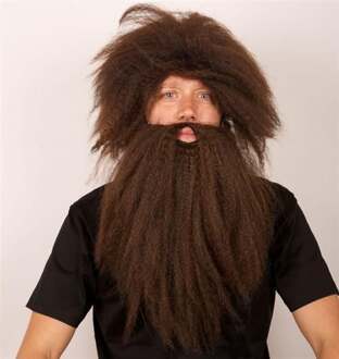 Pruik Holbewoner + baard bruin Bruin - Kastanje