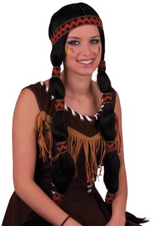 Pruik Indiaan Vrouw met Staarten en Hoofdband Zwart