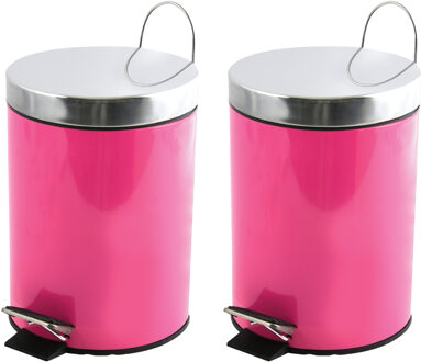 Prullenbak/pedaalemmer - 2x - metaal - fuchsia roze - 3 liter - 17 x 25 cm - Pedaalemmers