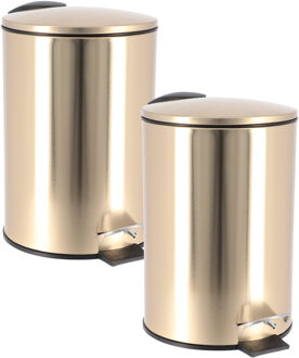 Prullenbak/vuilnisbak - 2x - 3L - goud - metaal - H24 cm - badkamer - soft close functie