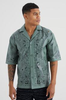 Pu Bandana Print Drop Overhemd Met Revers Kraag, Khaki