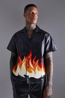 Pu Boxy Vlammen Overhemd Met Korte Mouwen, Revers Kraag En Print, Black - XL