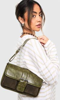 Pu En Nep Suède Gesp Schoudertas, Olive - ONE SIZE