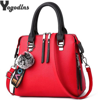 PU Leather Women Messenger Bag Fur Ball Crossbody Flap Bag Female Shoulder Bag Solid Color Handbags