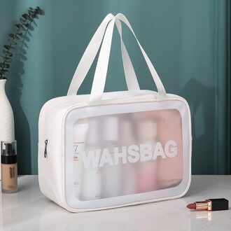 Pu Lederen Cosmetische Zak Pvc Transparante Case Travel Organizer Box Met Rits Verschillende Maten Wassen Clear Make-Up Artist Tool Tassen L wit