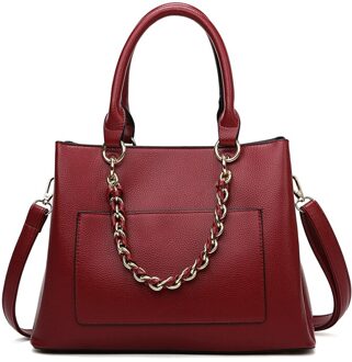 Pu Lederen Dames Keten Handtas Luxe Schoudertassen Mode Eenvoud Grote Capaciteit Vrouw Messenger Bag wijn rood