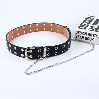 Pu Lederen Riemen Voor Vrouwen Zilveren Pin Gesp Metalen Gat Taille Riem Vrouwelijke Leisure Jeans Keten Riem Verstelbare Riem dubbele zwart